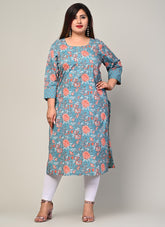 Plus Size Blue Cotton Floral Print Straight Kurta-500